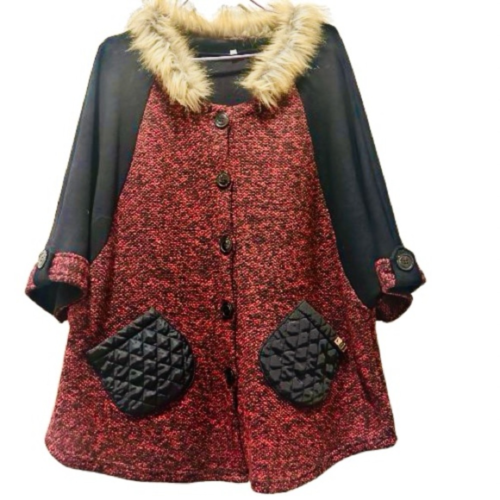 Asian Fashion Women Red Black Tweed Coat Detached FauxFur Collar Poncho-like M/L